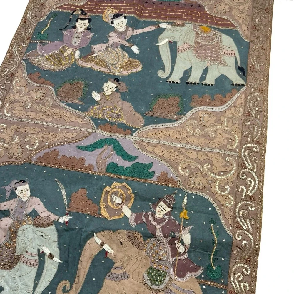 Vintage Thai Kalaga Tapestry Wall Hanging Elephant Applique Sequined Large